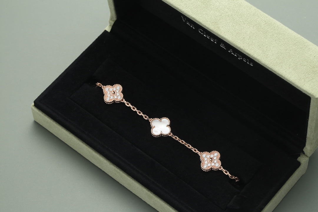Vintage Alhambra Bracelet 5 Motifs Rose Gold diamond white Mother-of-Pearl