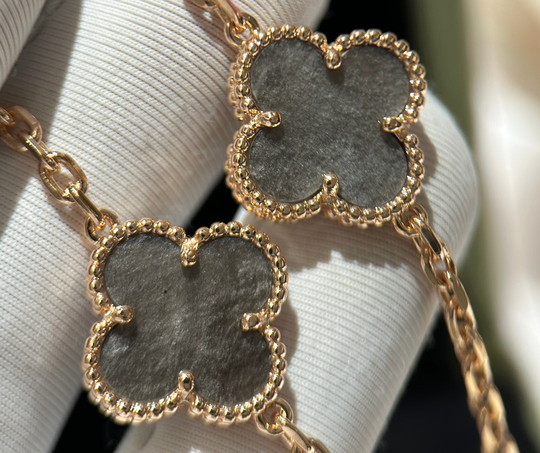 SILVER OBSIDIAN Vintage Alhambra 20 motifs long necklace rose gold