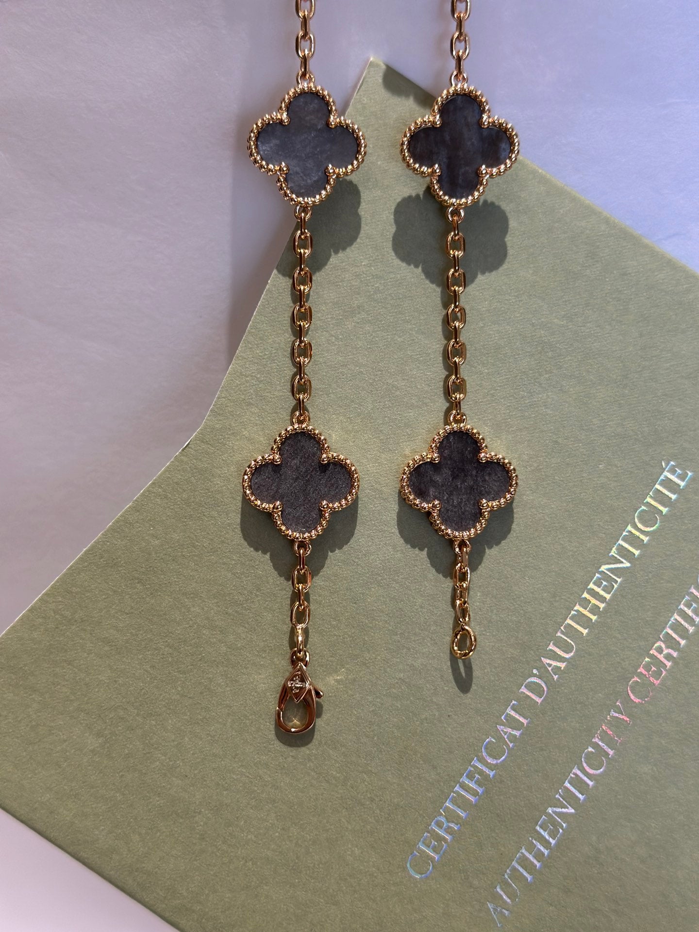 SILVER OBSIDIAN Vintage Alhambra 20 motifs long necklace rose gold