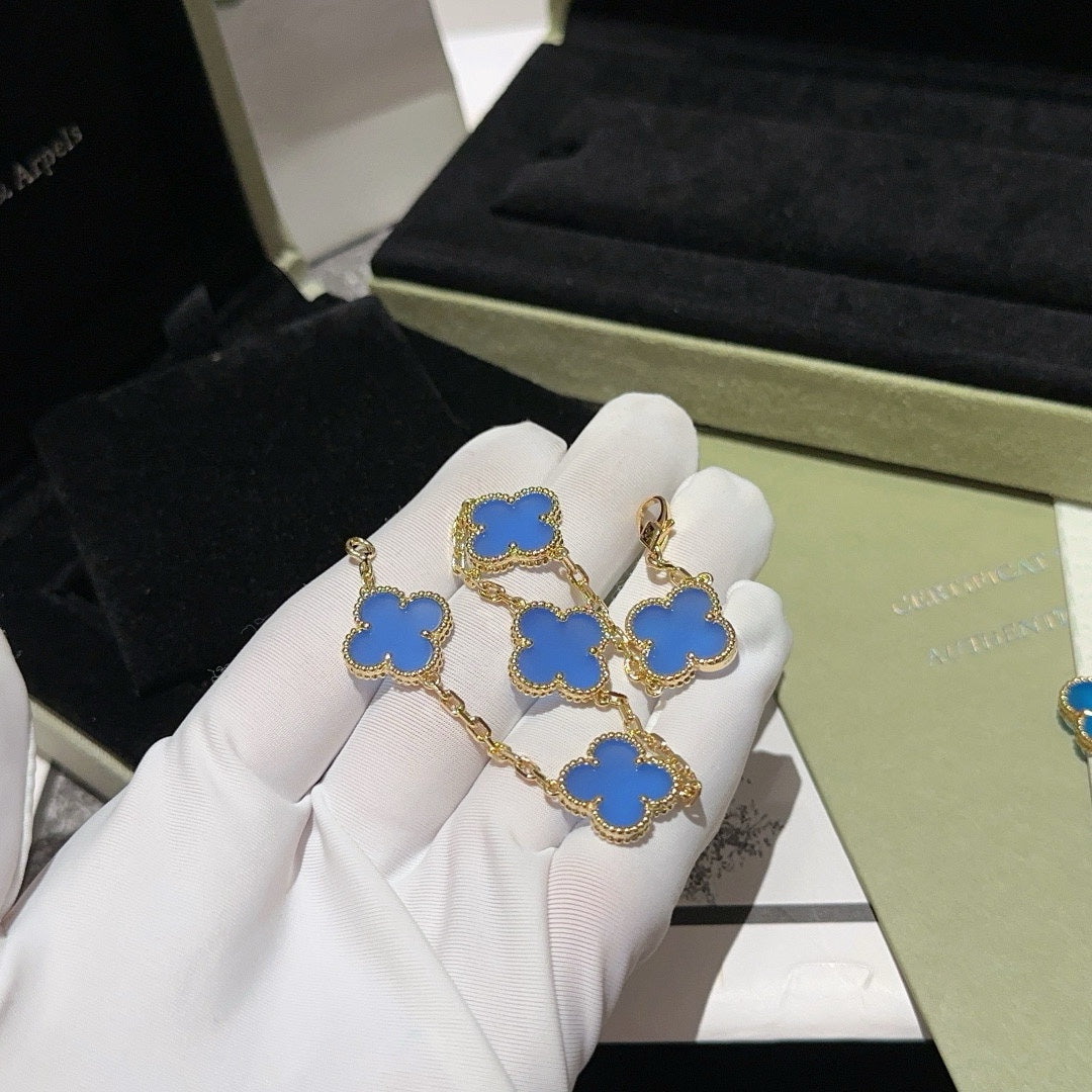 Vintage Alhambra bracelet 5 motifs yellow gold blue agate